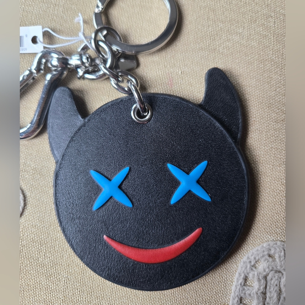 Coach Black Leather Frisky Devil Emoji Keychain/Bag Charm